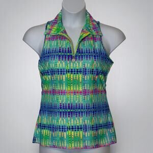 Vibrant Tzu Tzu Sport Sleeveless 1/4 Zip Golf Top Aqua Multi Performance Size L